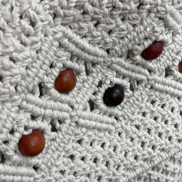 Handmade Y2K white macramé crochet bag purse with wooden beads woven cotton - Picture 5 of 12